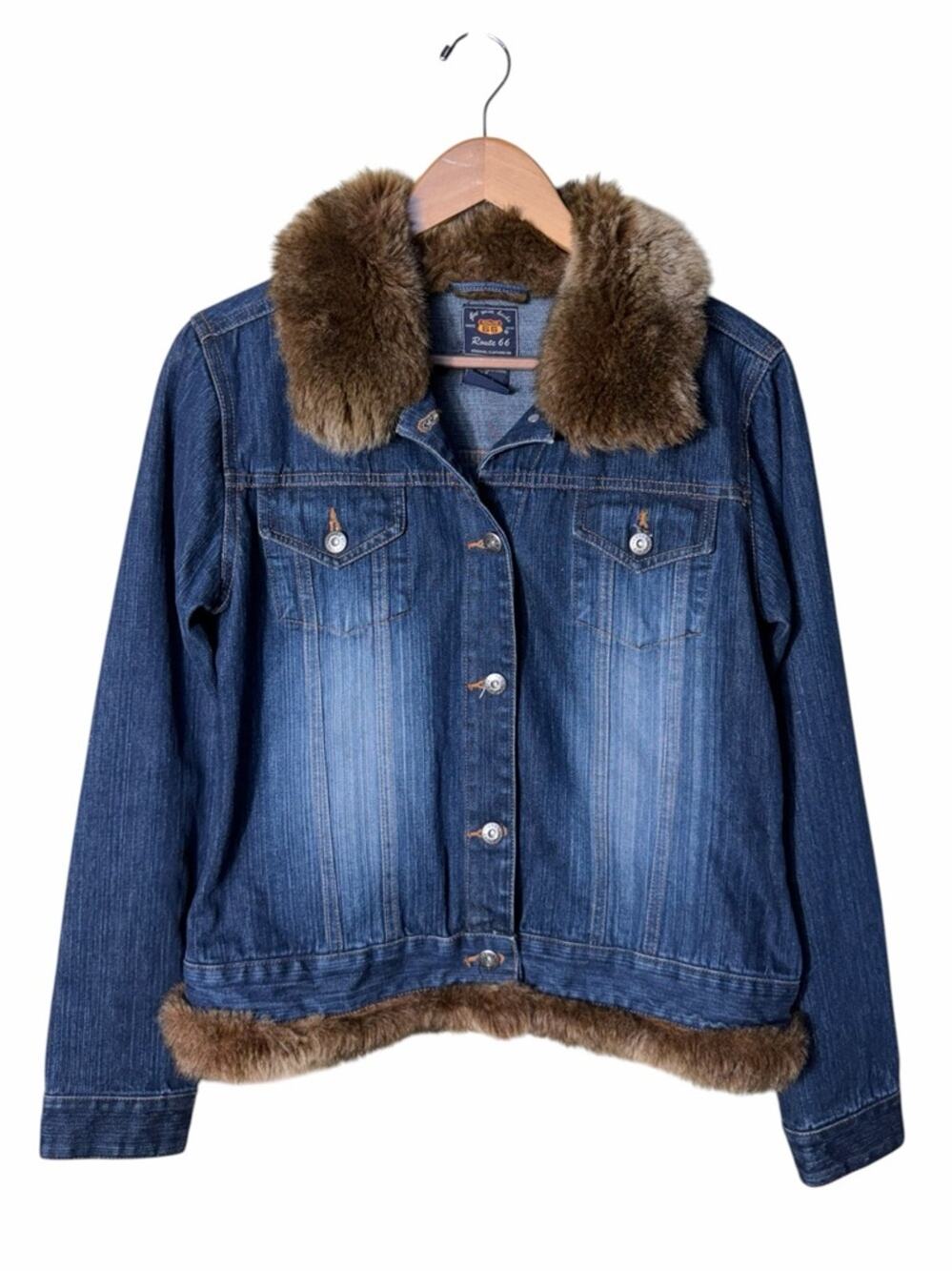 Vintage Y2K Route 66 Fur Trimmed Denim Jacket Size Medium